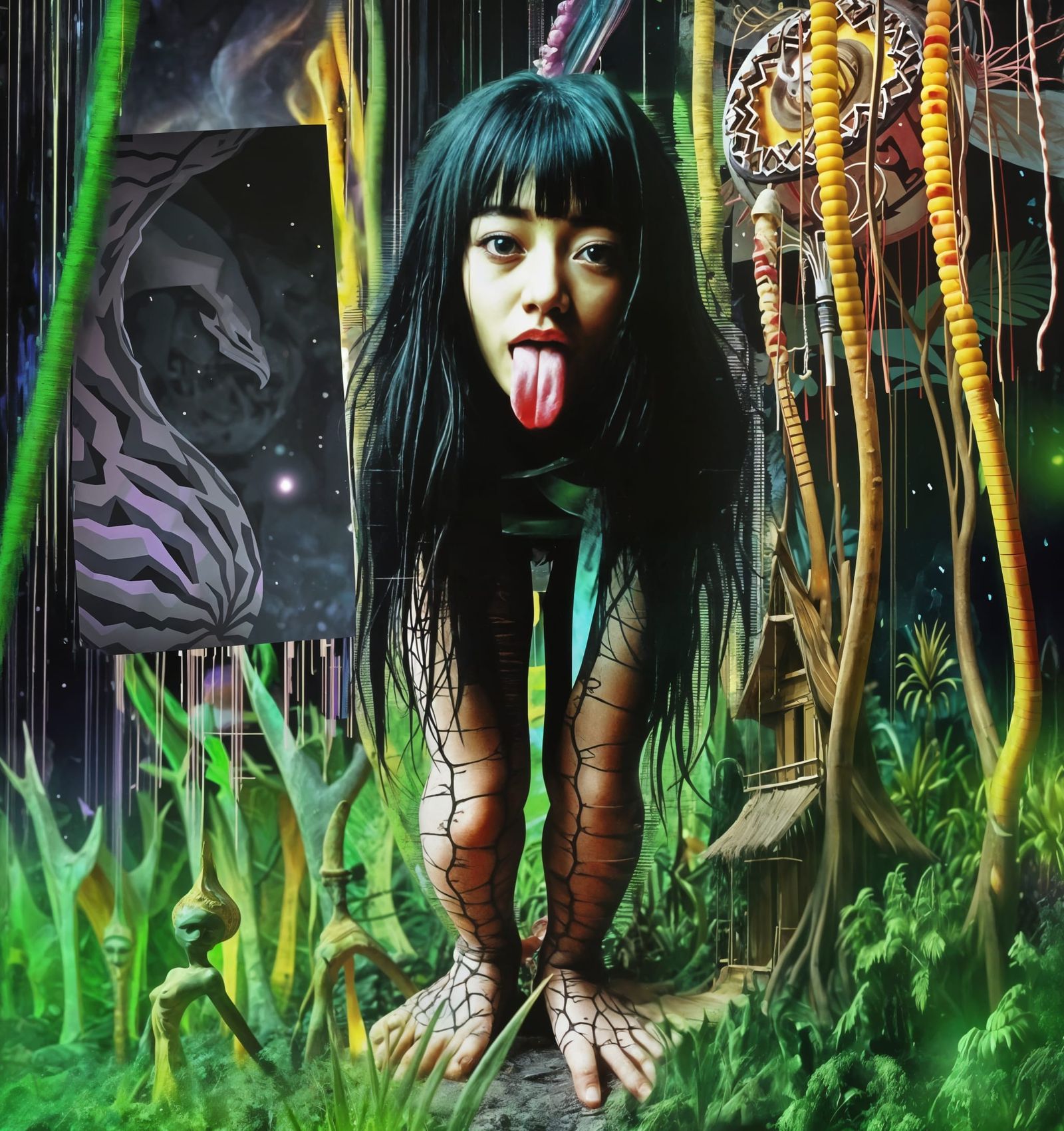 Surreal Tribal Glitch Art Portrait with Fractal Elements