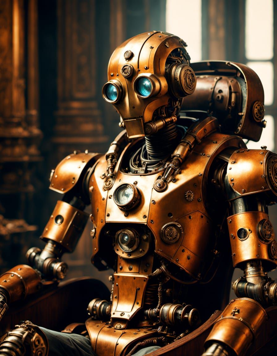 A Steampunk Robot in Warm, Golden Lighting