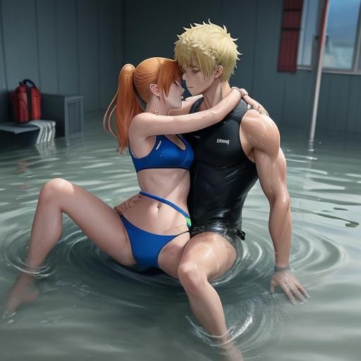 Anime Girl Kisses Boy in Flooded Room