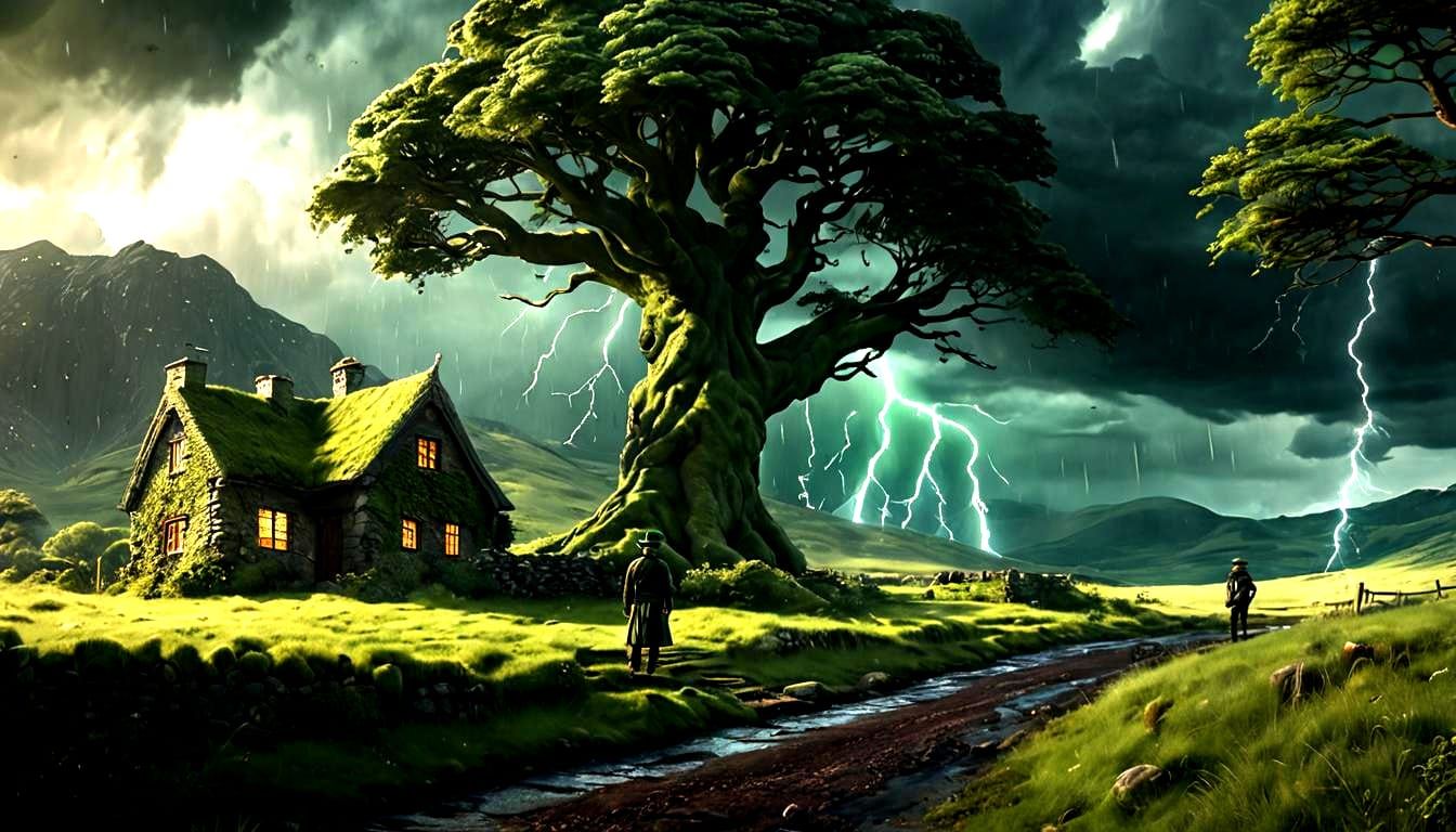 Irish Hills and Leprechaun in Storm, Detailed Matte Painting