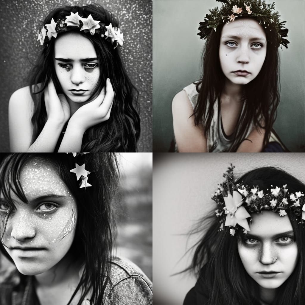 Sad Homeless Woman Portrait with Flower Crown