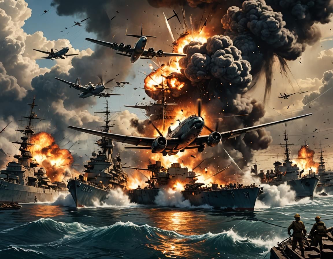 Pearl Harbor Attack: Hyperrealistic Splash Art at Dusk