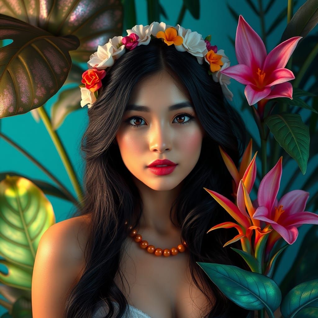 Portrait closeup photo of a beautiful Filipina with tropical plants in the background, masterpiece photography, photorea...