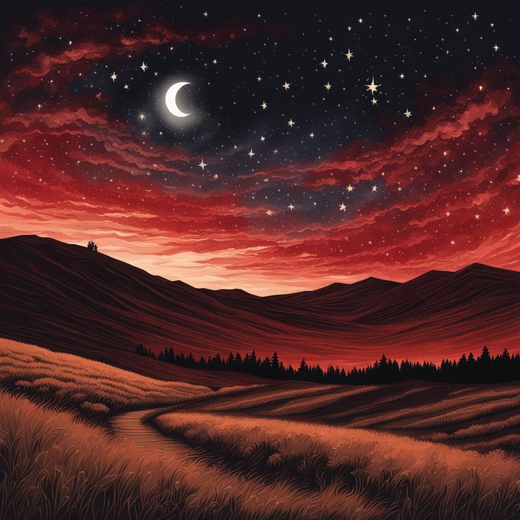 Crimson Hills and Star in Rusted Sky