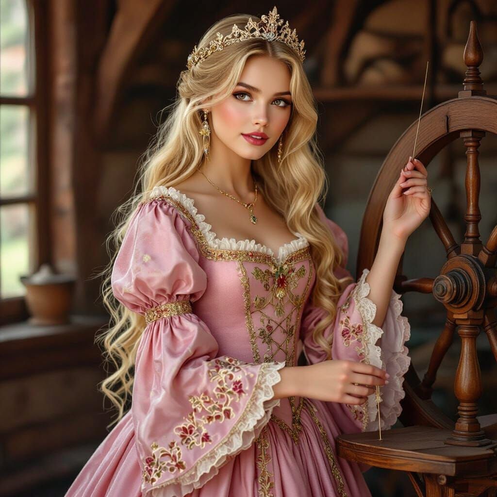 Medieval Princess with Spinning Wheel, Art Nouveau Style