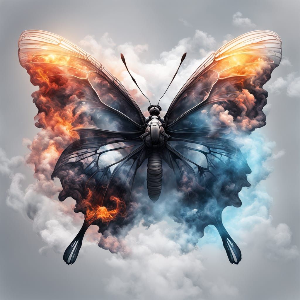 Ethereal Butterfly Emerges from Celestial Smoke Clouds in Hy...