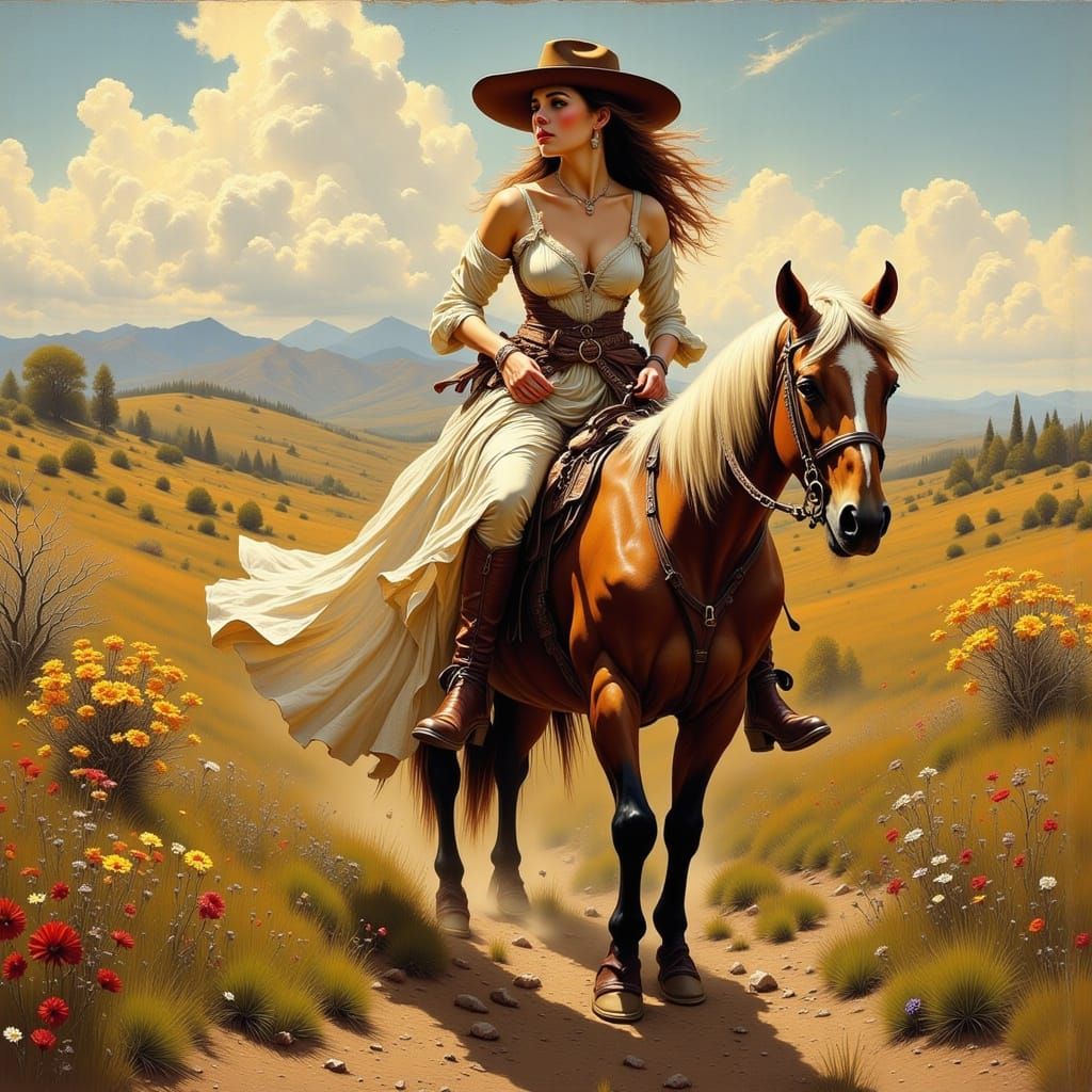 Cowgirl Rides Through Serene Landscape in Gurney Style