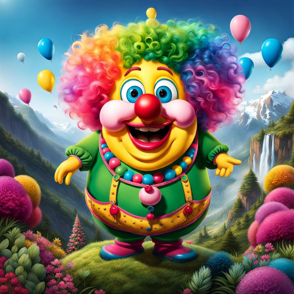Surreal Clown with Gigantic Nose and Wild Hair