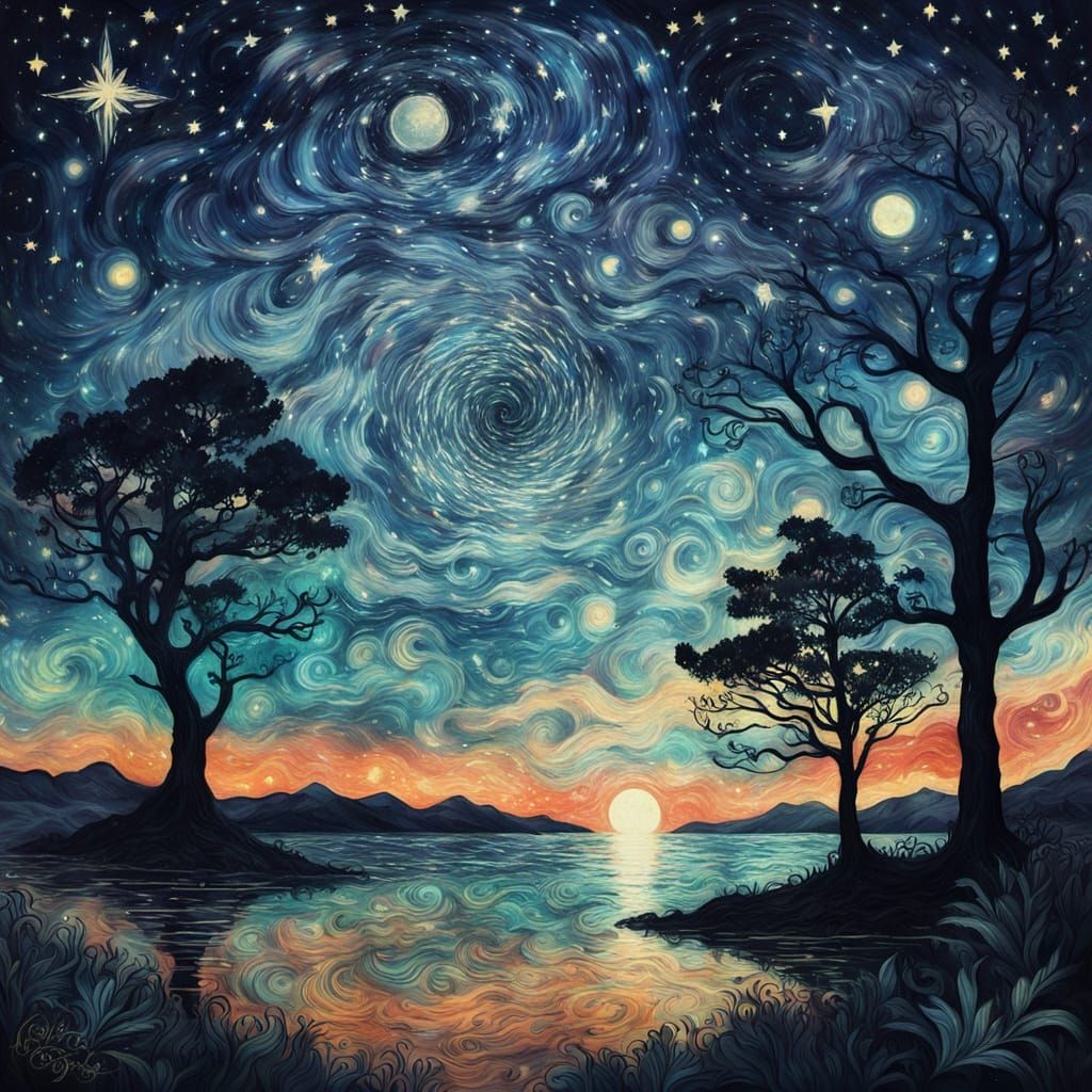 Mystical Starry Night Over Lake in Van Gogh Style
