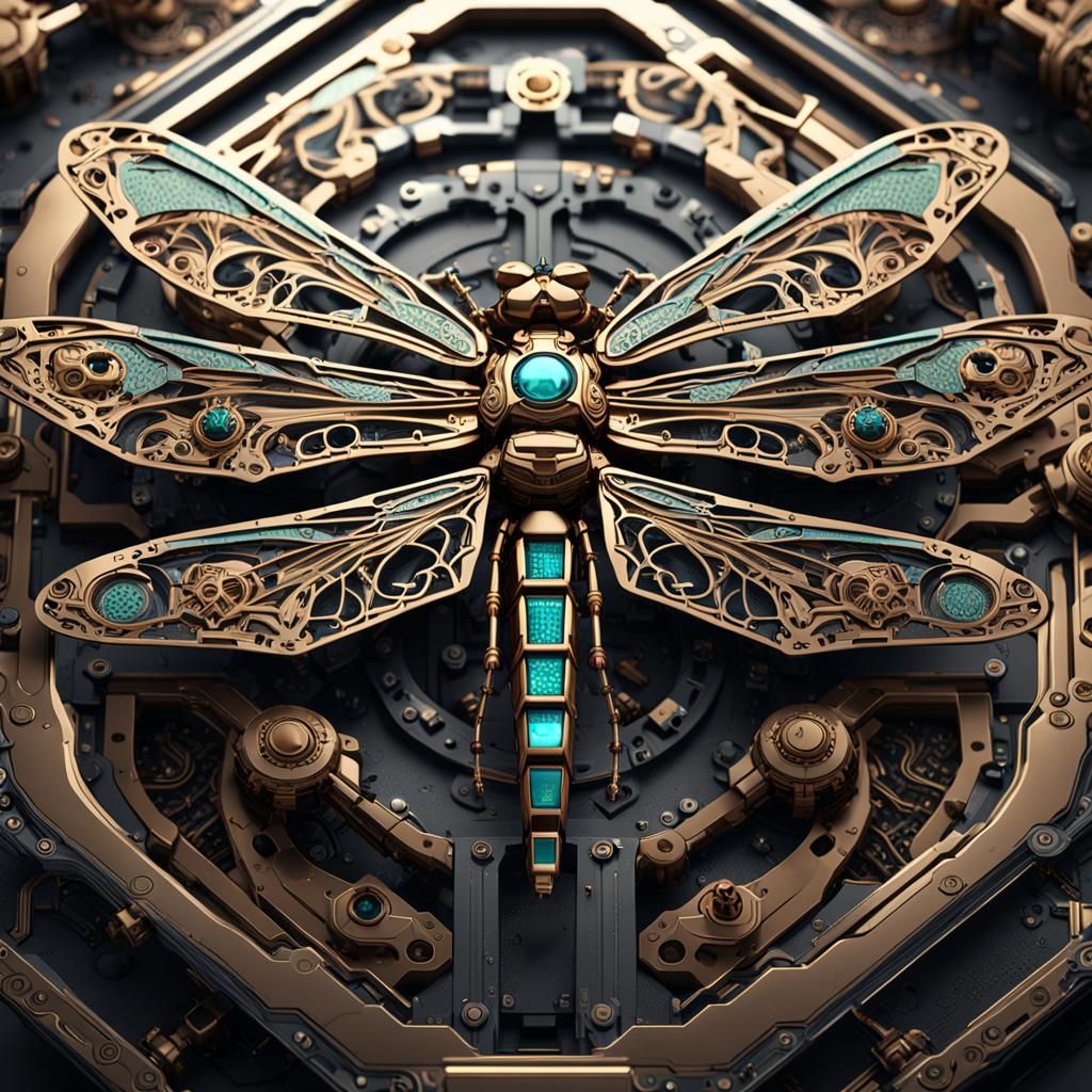 Ornate Mechanical Dragonfly in Photorealistic Style