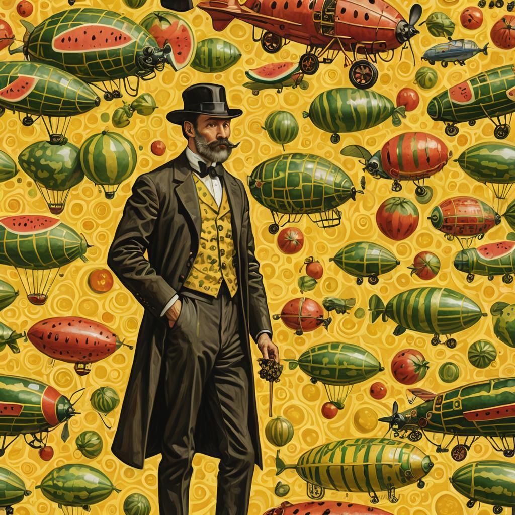 Ant Biplane Meets Watermelon Blimp: Klimt-Inspired Art