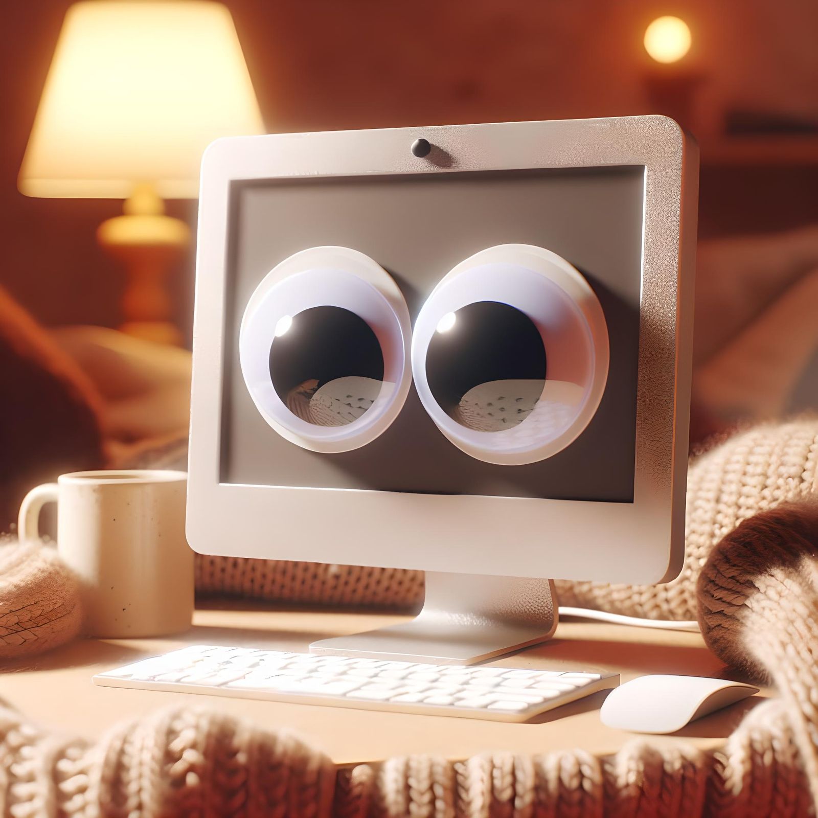 Adorable Googly-Eyed Monitor in Cozy Setting