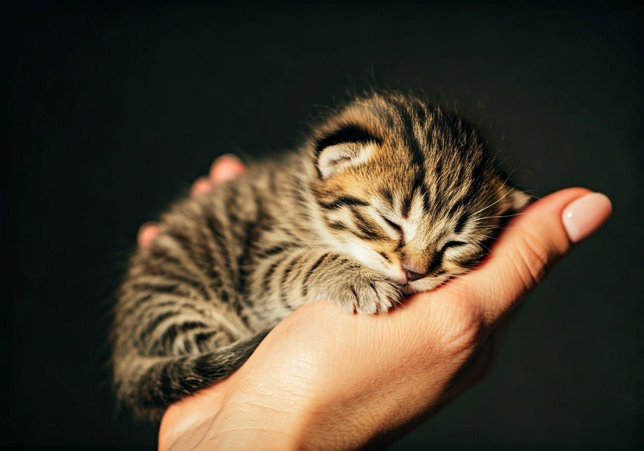 Kitten Napping Peacefully in Gentle Hand, Photorealistic Sty...