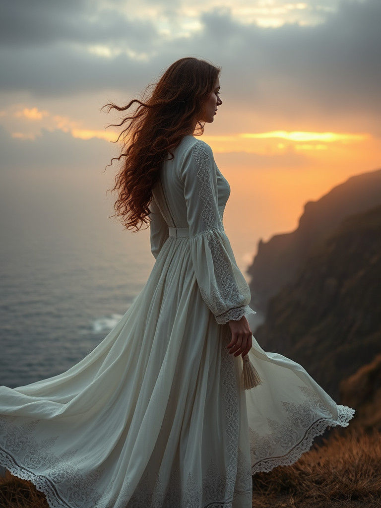 Misty Coast Woman in Pre-Raphaelite Style