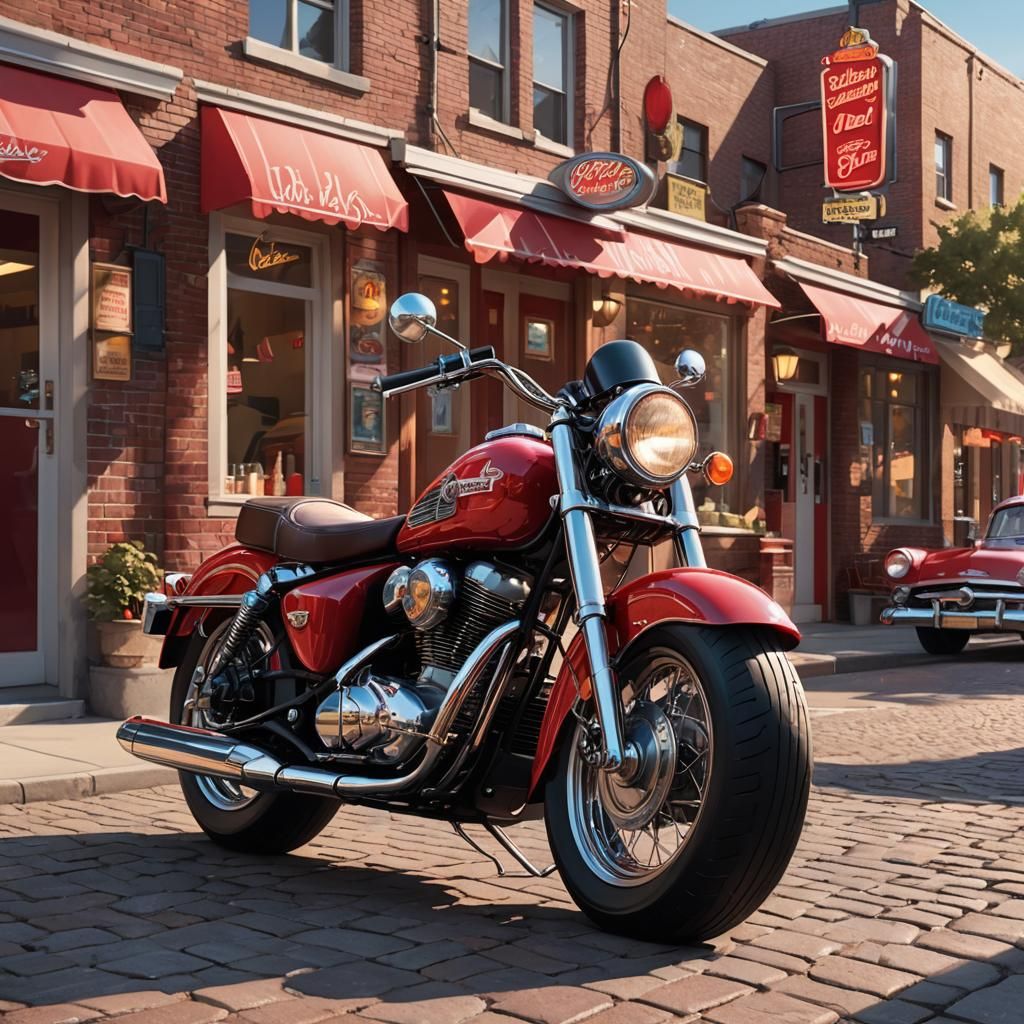 1950s Motorcycle on Cobblestone Street in Hyperrealism