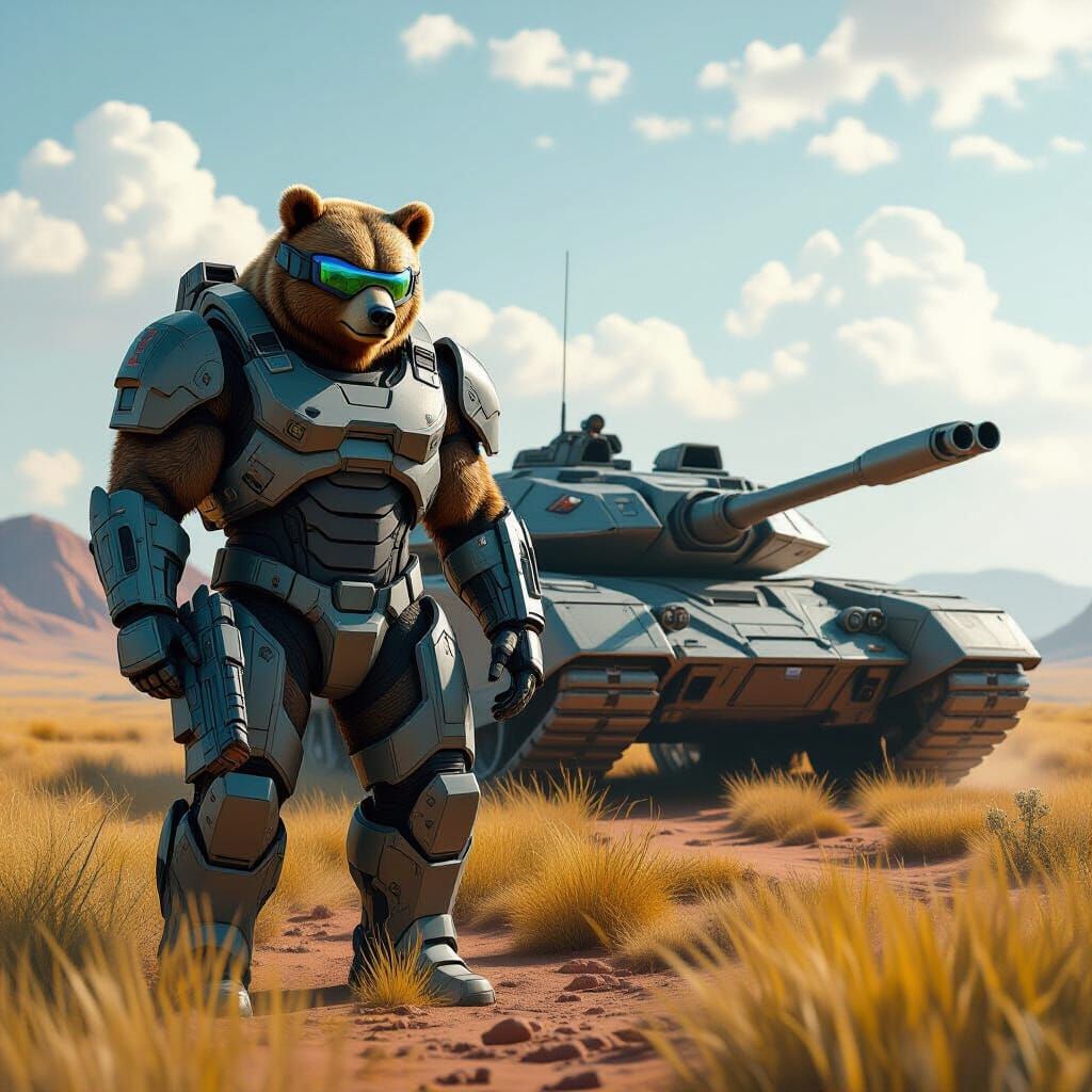 Futuristic Bear Warrior with Battle Tank