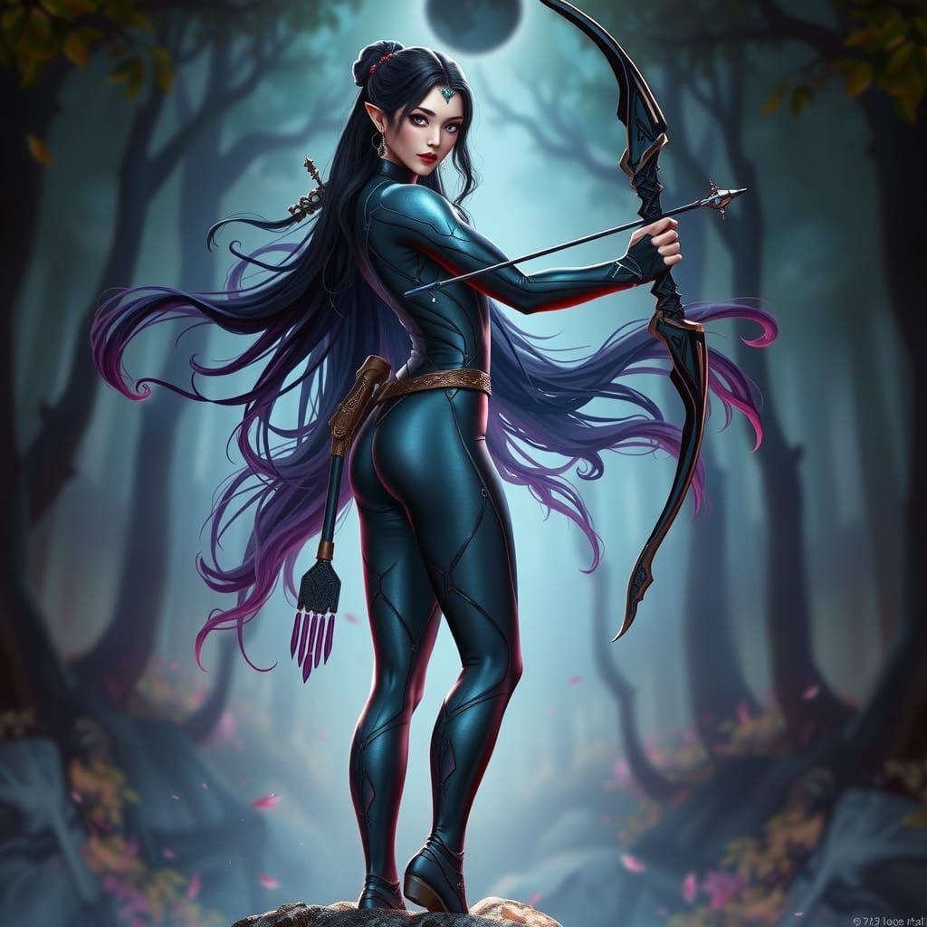 Regal, Otherworldly Archer Woman in Luminous Battle Suit