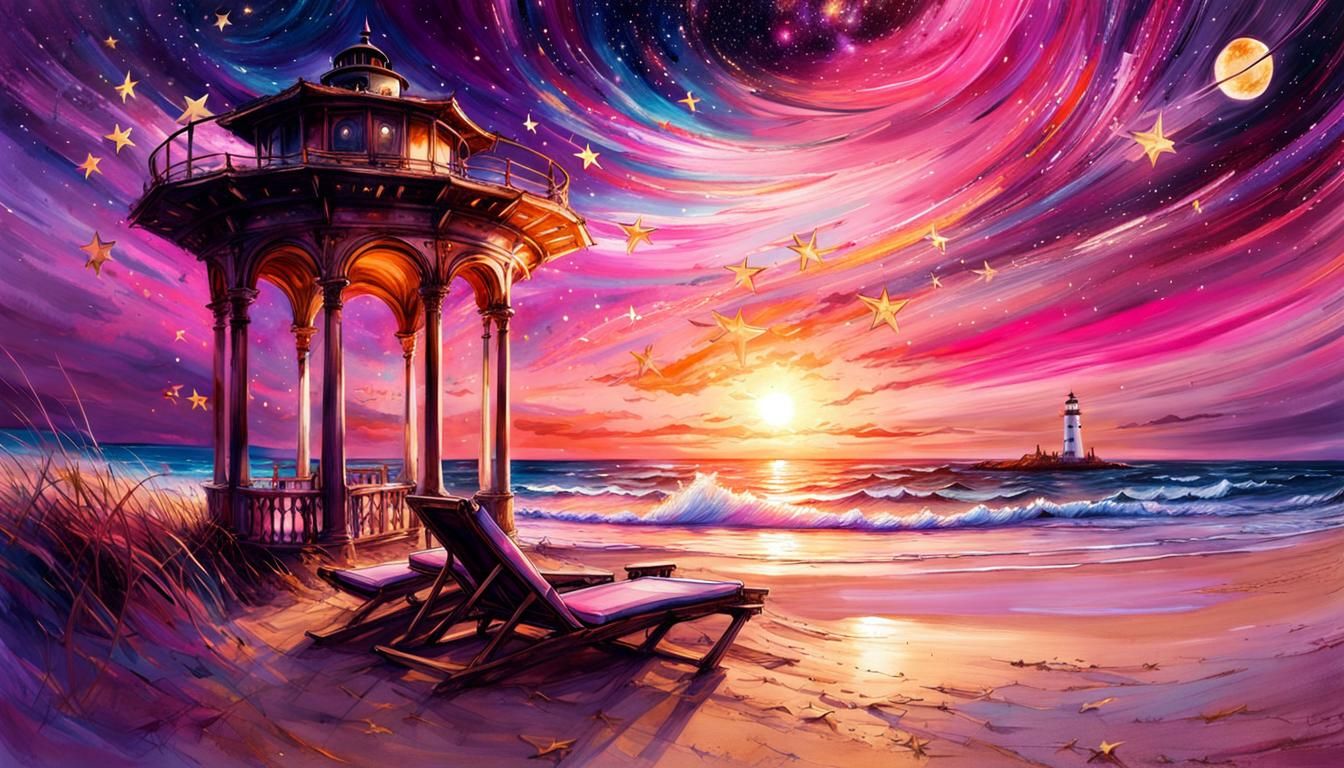 Fantasy Beach Sunset in Watercolor Style