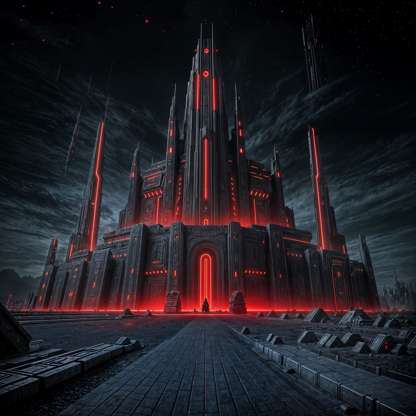 Cyberpunk Sith Fortress Illuminated by Red Night Lights