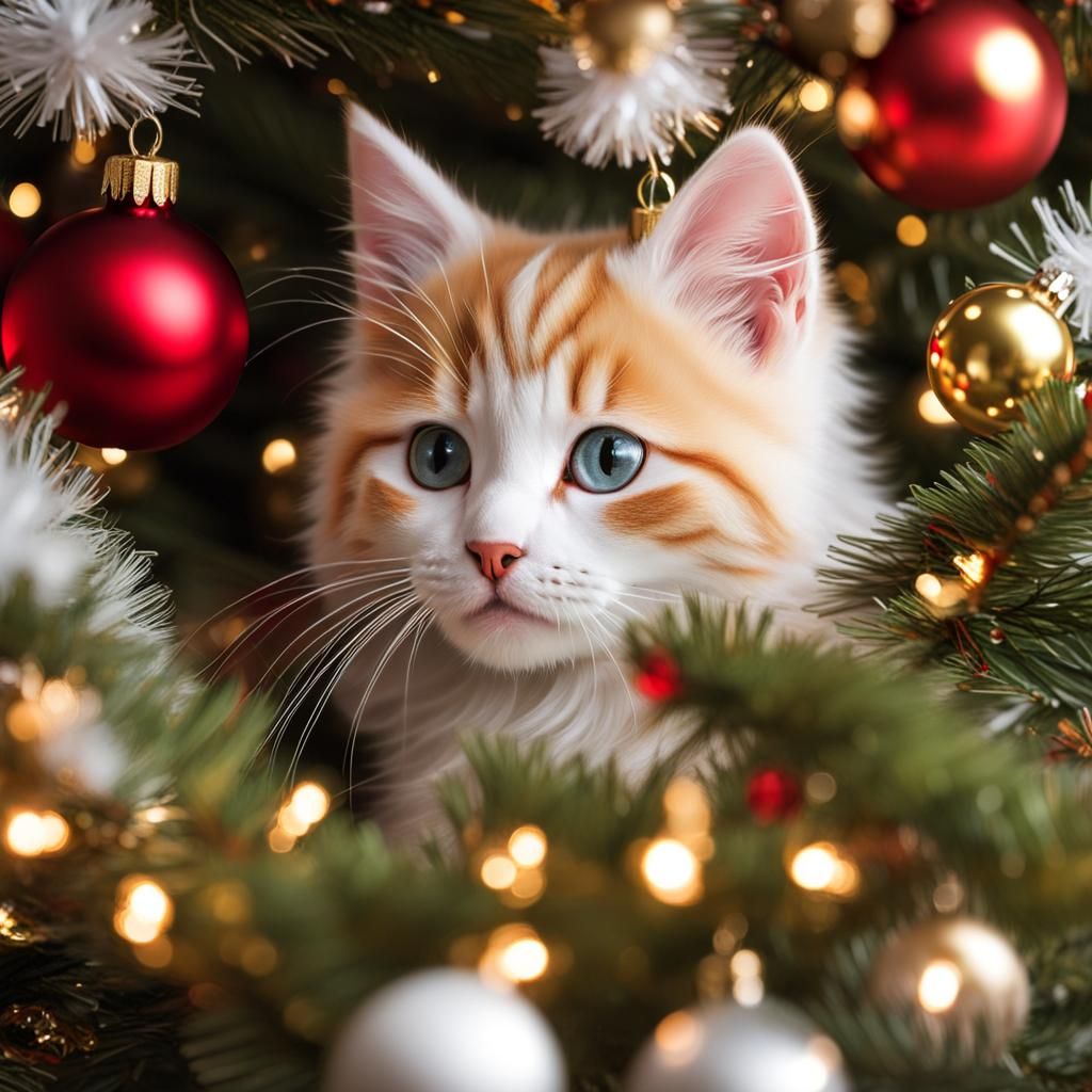 Hyperrealistic Kitten Playing in Christmas Tree