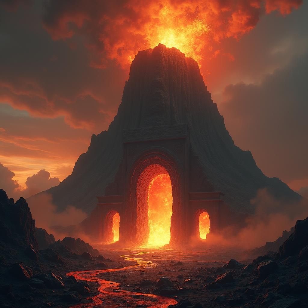 Volcano Eruption with Mystical Doorway, Digital Art