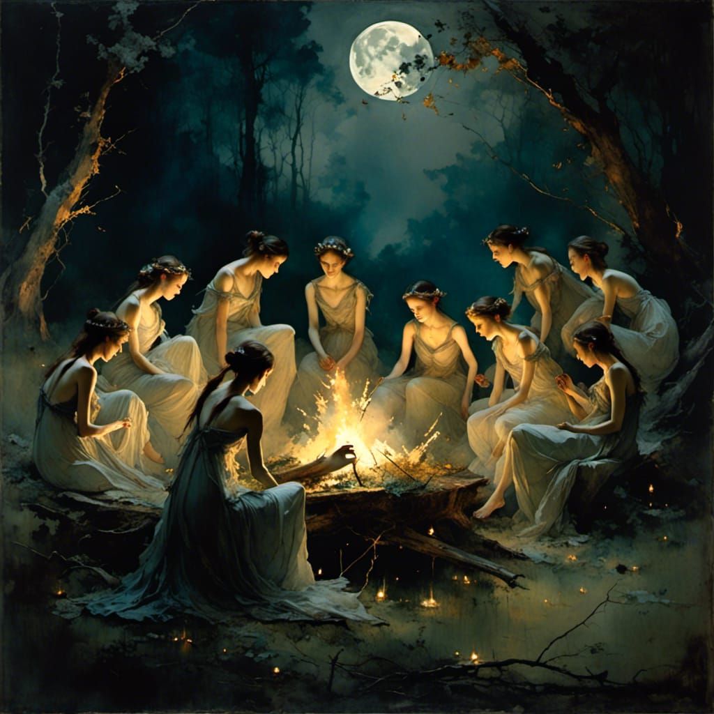 Oreads and Nymphs Dancing by Bonfire