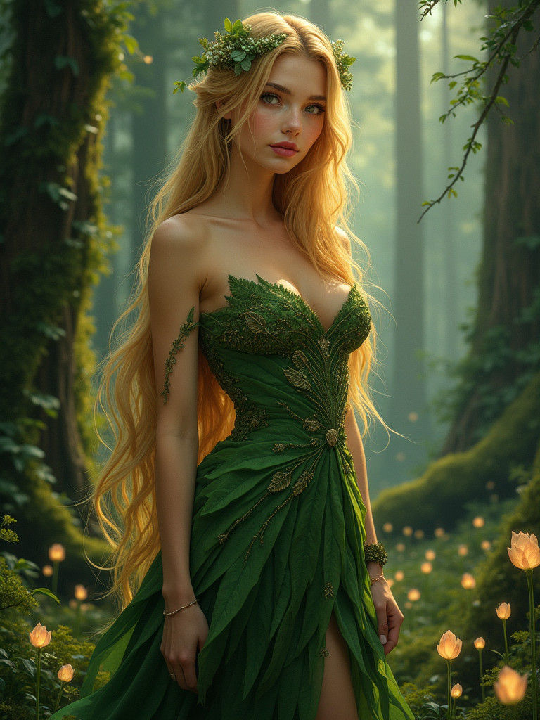 Forest Princess in Leaf Gown Amidst Fantasy Landscape