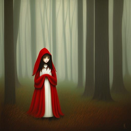 Little Red Riding Hood in Forest, Surrealist Style