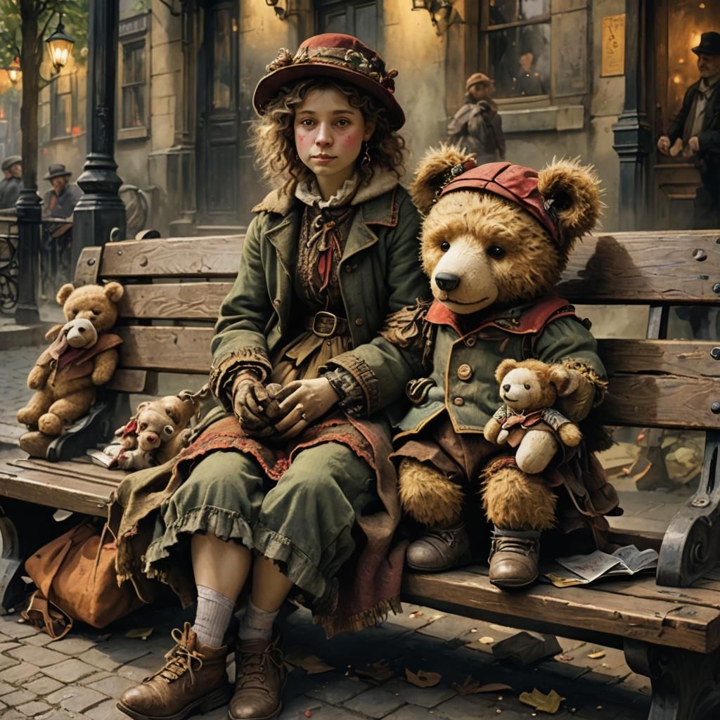 Girl with Teddy Bear, Multicolored Matte Painting