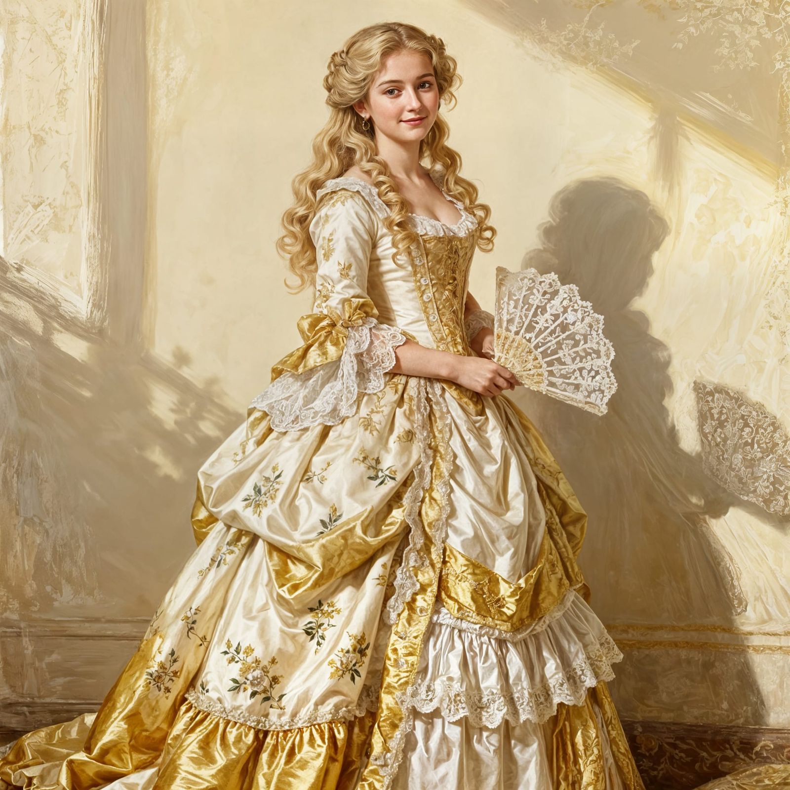 18th Century Gown on Blonde Woman in Cream and Gold