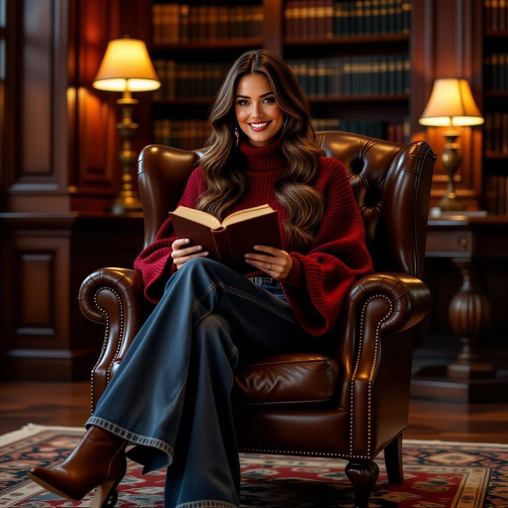 Woman Reading in Luxurious Library, Photorealistic Style