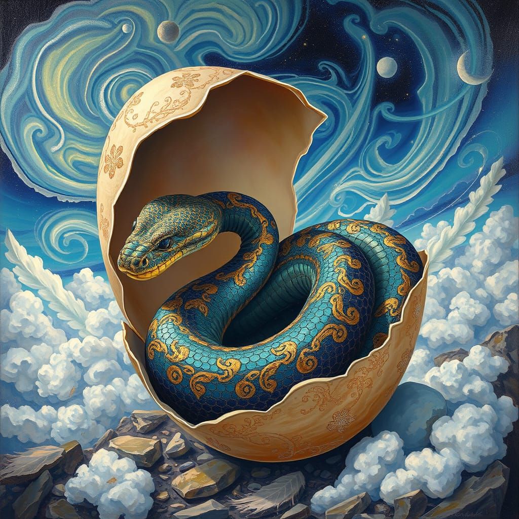 Surrealist Snake Emerges from Golden Eggshell in Iridescent ...
