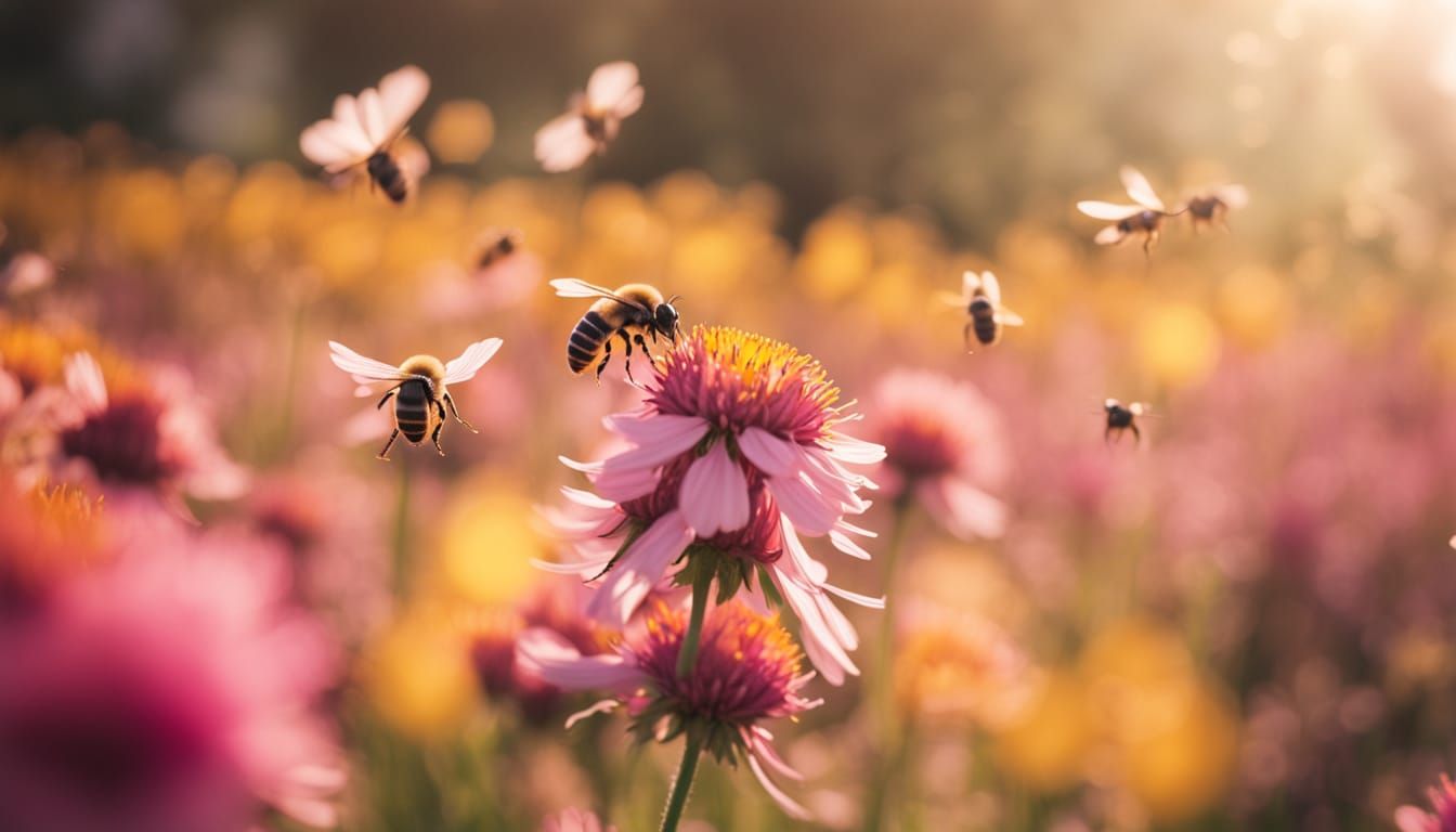 Bees Flying Around Flower Field in Sunlight