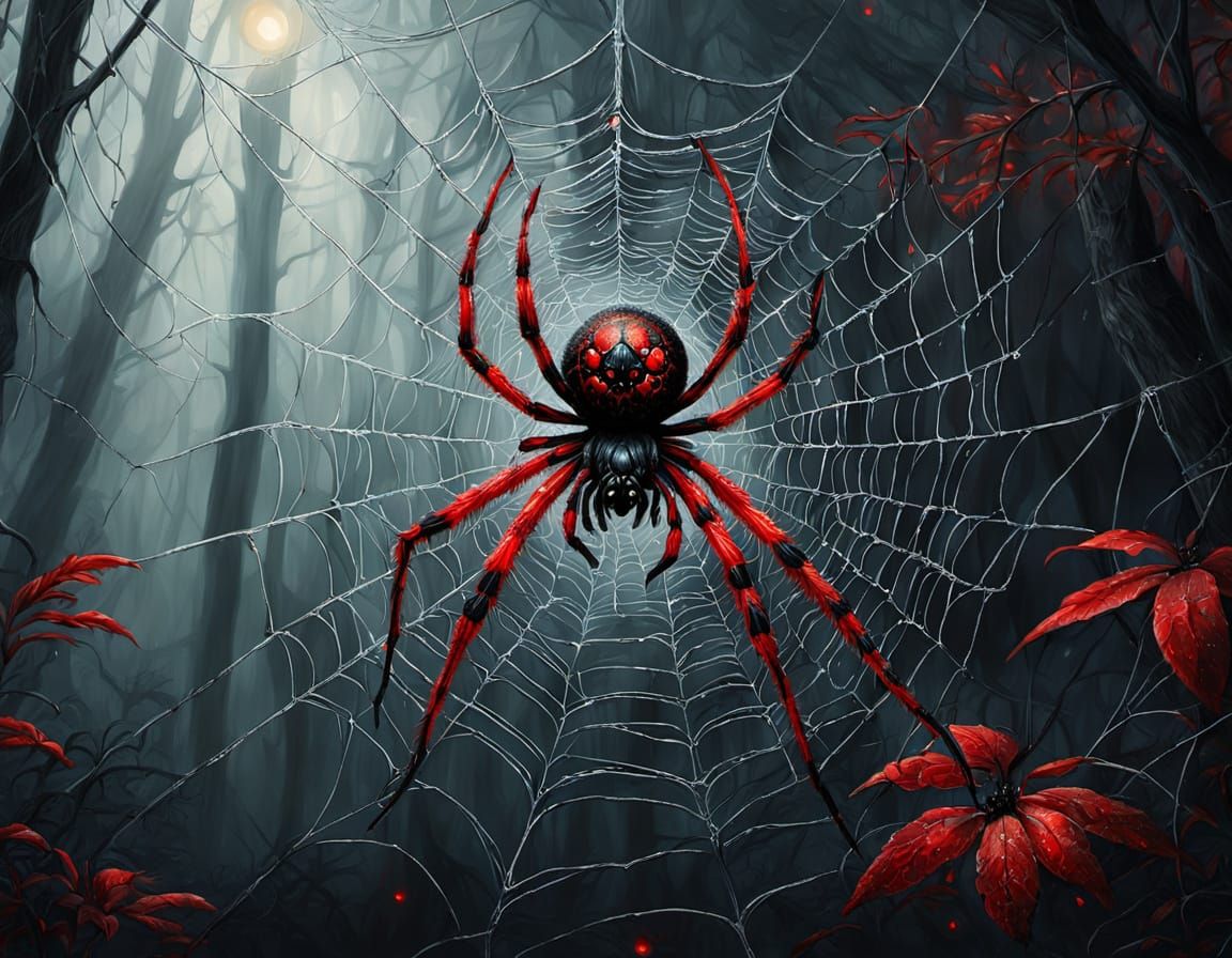 Mystical Spider in Misty Forest, Dark Fantasy Oil Painting
