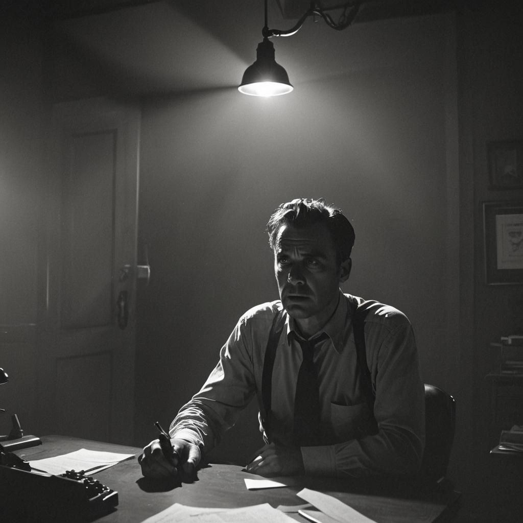 Noir Film Still: Man at Desk in Chiaroscuro