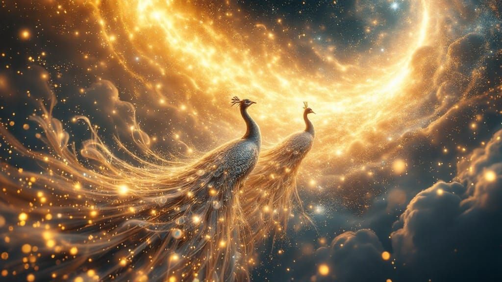 Ethereal Cosmic Peacocks Dance Along Comet's Radiant Tail