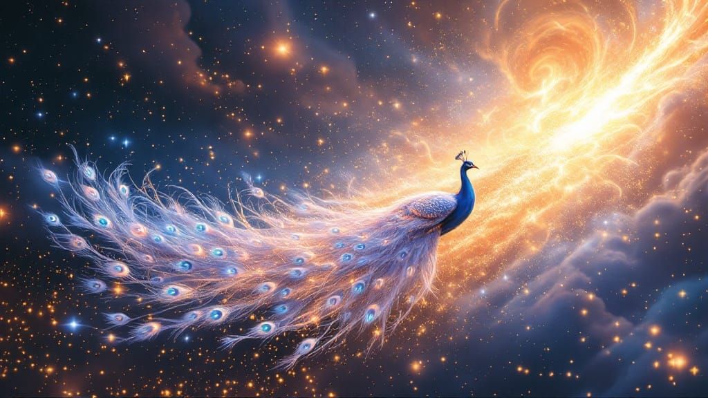 Surreal Peacock Flock Soars Through Cosmic Comet Tail