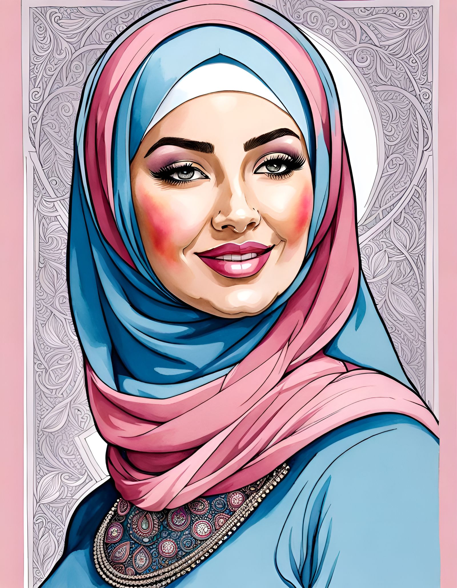 Enticing Hijabi Woman with Pink Hijab, Watercolor Portrait