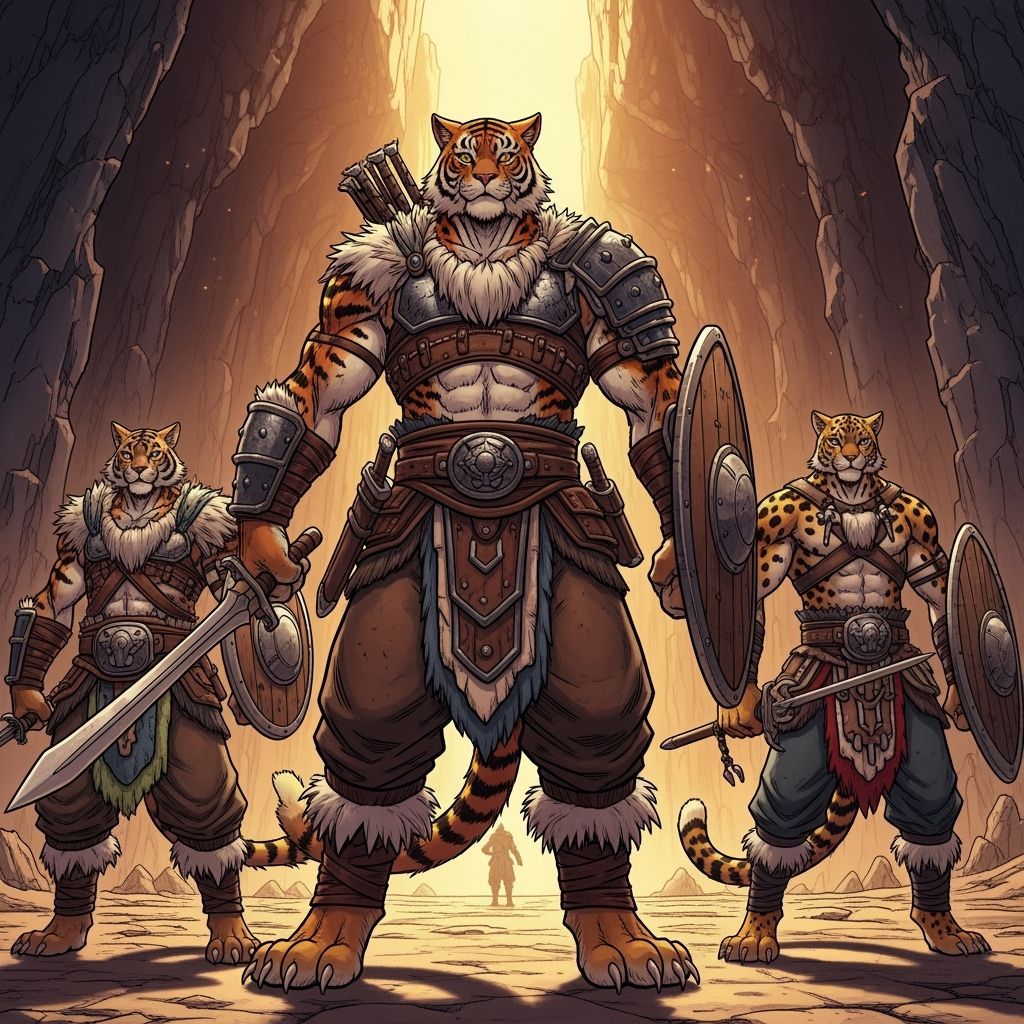 Muscular Catfolk Warriors in Tribal Armor, Manga Style
