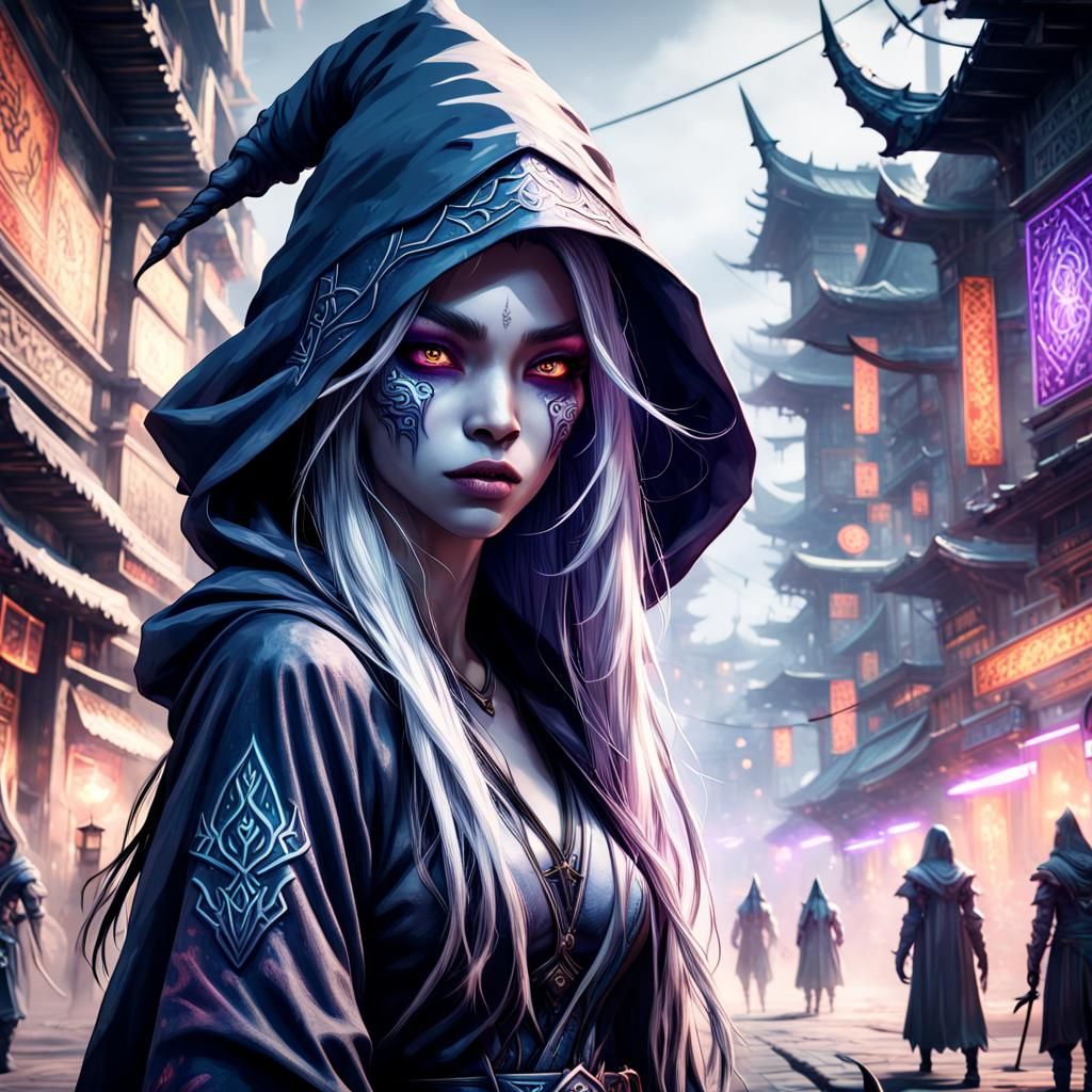 Dark Elf Warlock in Cyberpunk Asian Festival