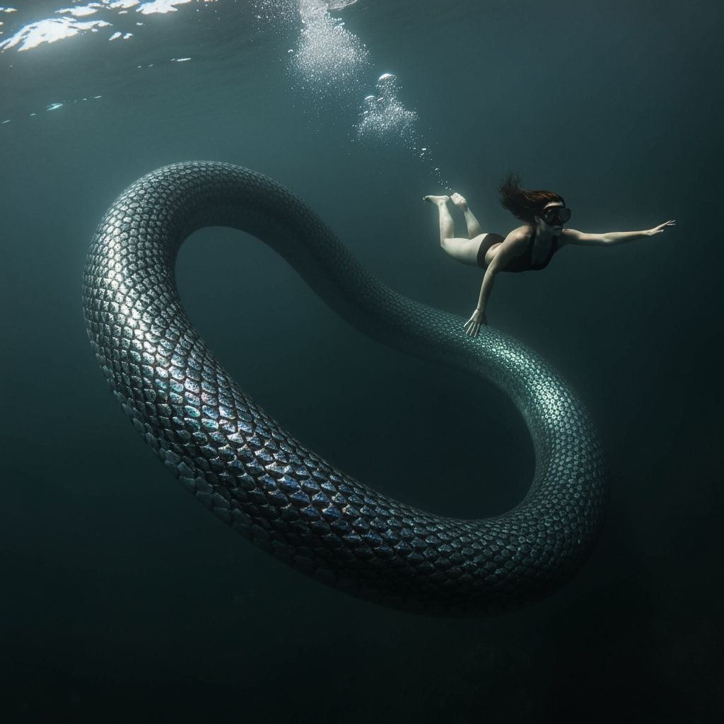 Screaming Scuba Diver Pursued by Jormungandr Serpent