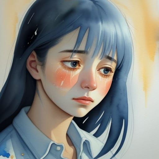 Melancholic Woman Cries in Watercolor Portrait