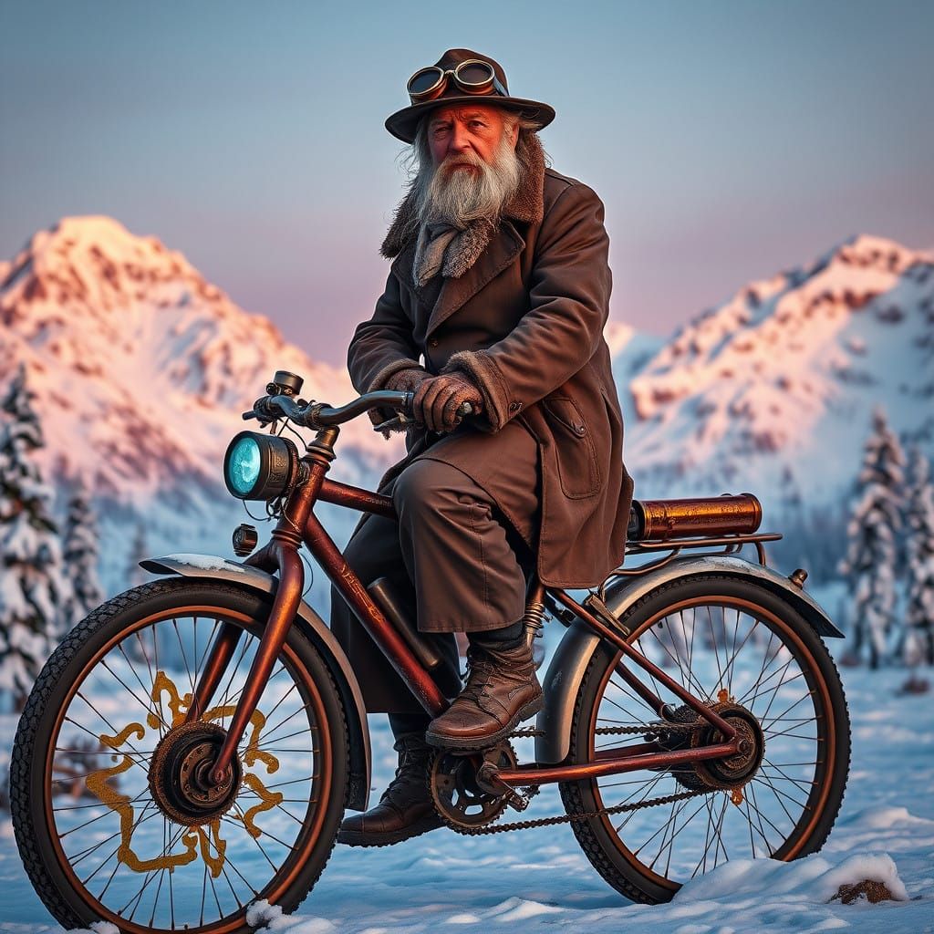 Steampunk Snowcyclist in Alaskan Mountains