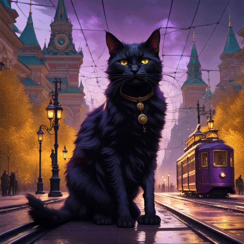 Magic Black Cat in Moscow Park: Dark Fantasy Art