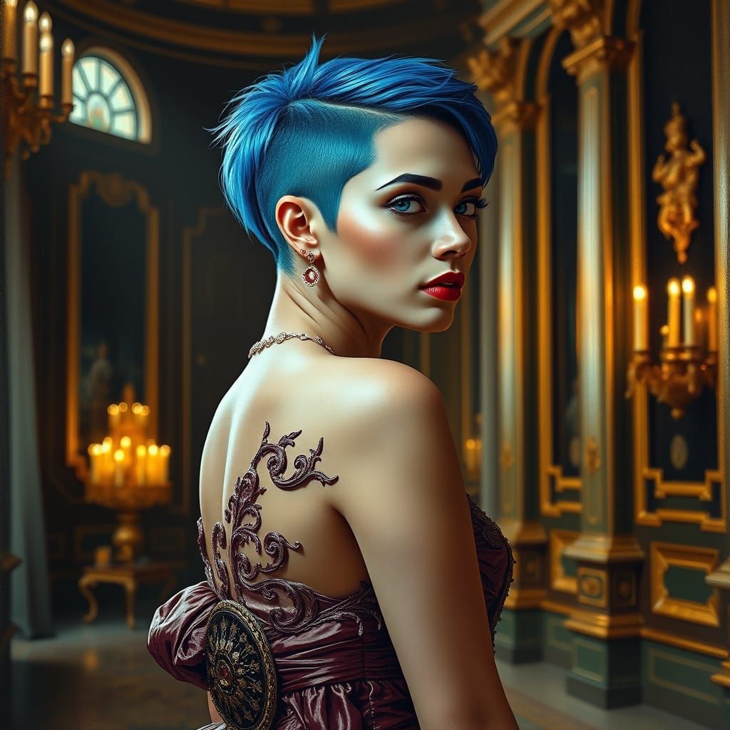 Blue-Haired Woman in Baroque Gown, Chiaroscuro Style