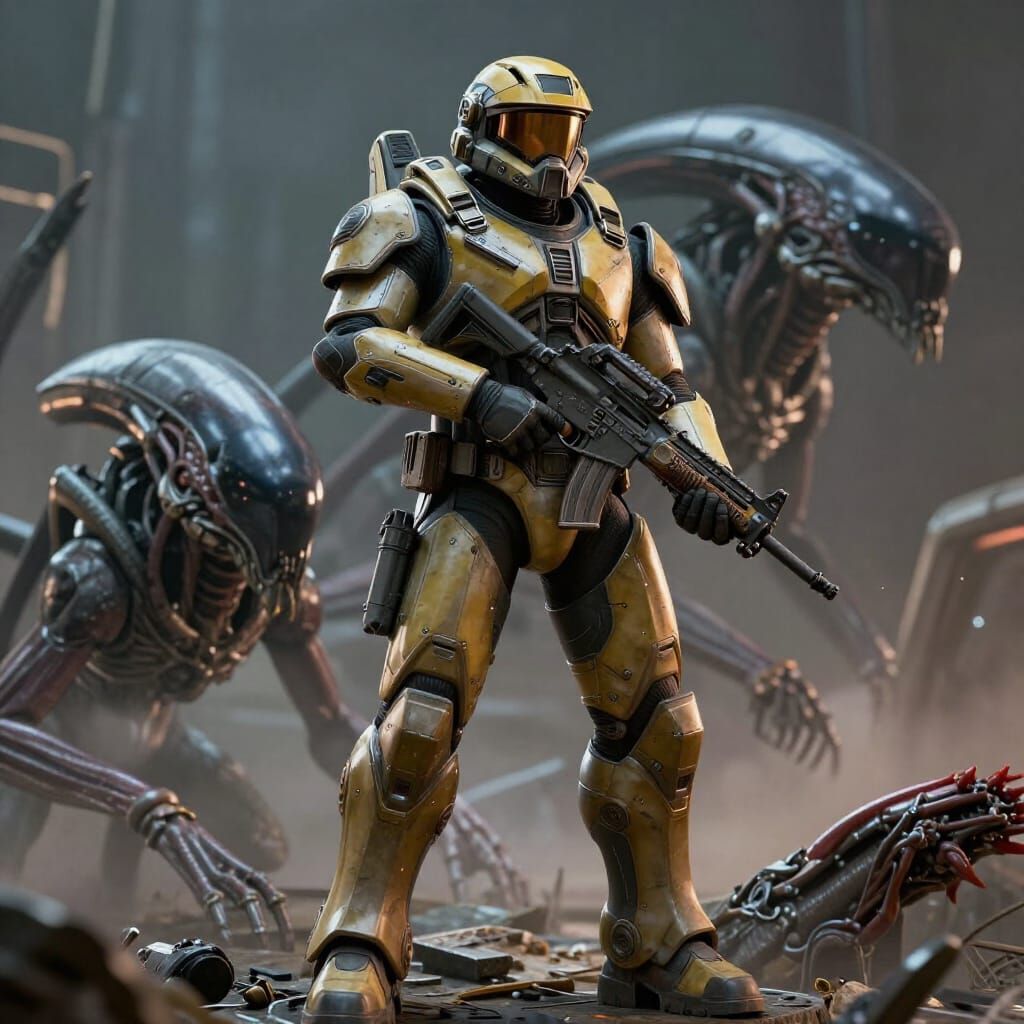 Master Chief Triumphs Over Covenant Alien with Assault Rifle
