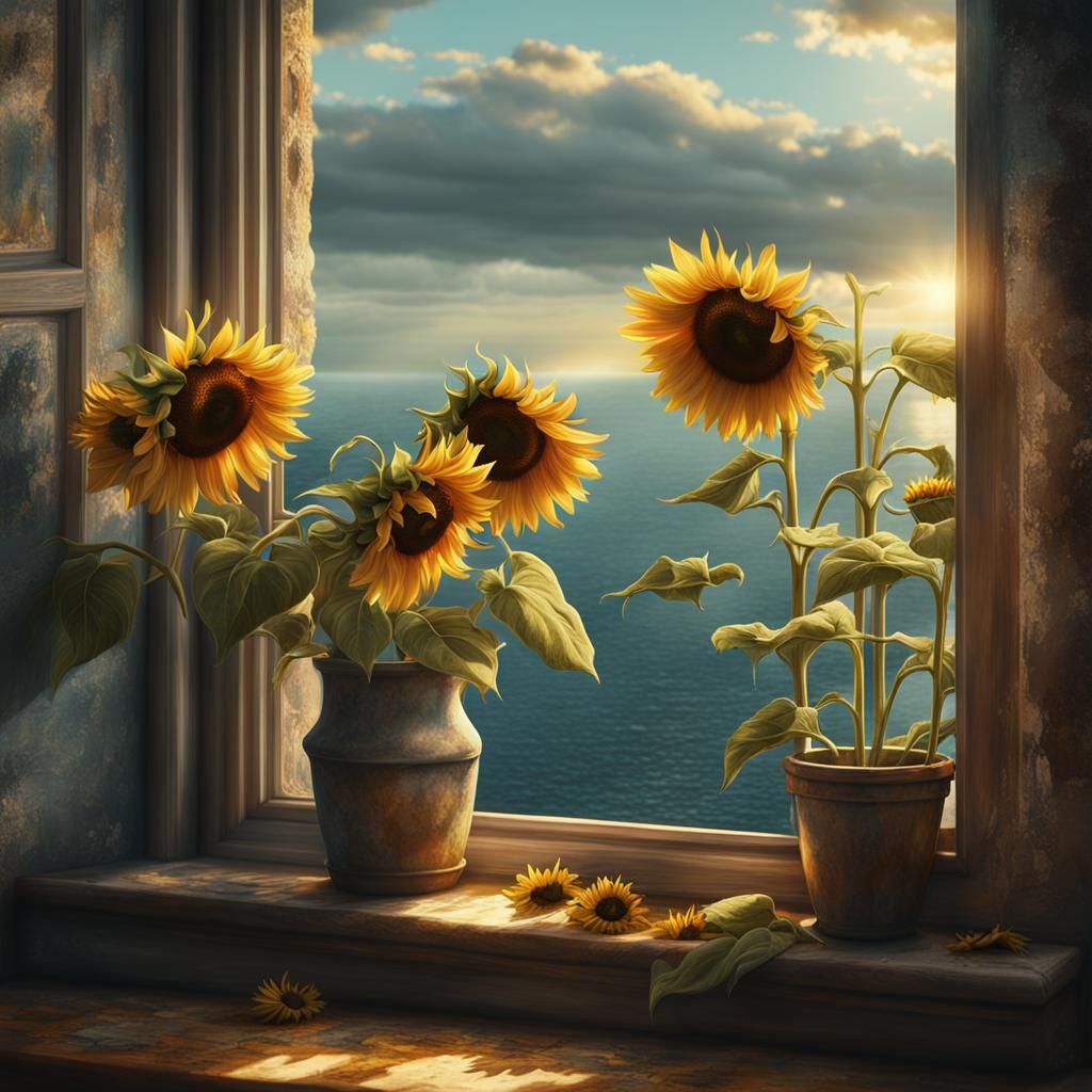 Sunflowers Overlooking Sea: Digital Matte Painting