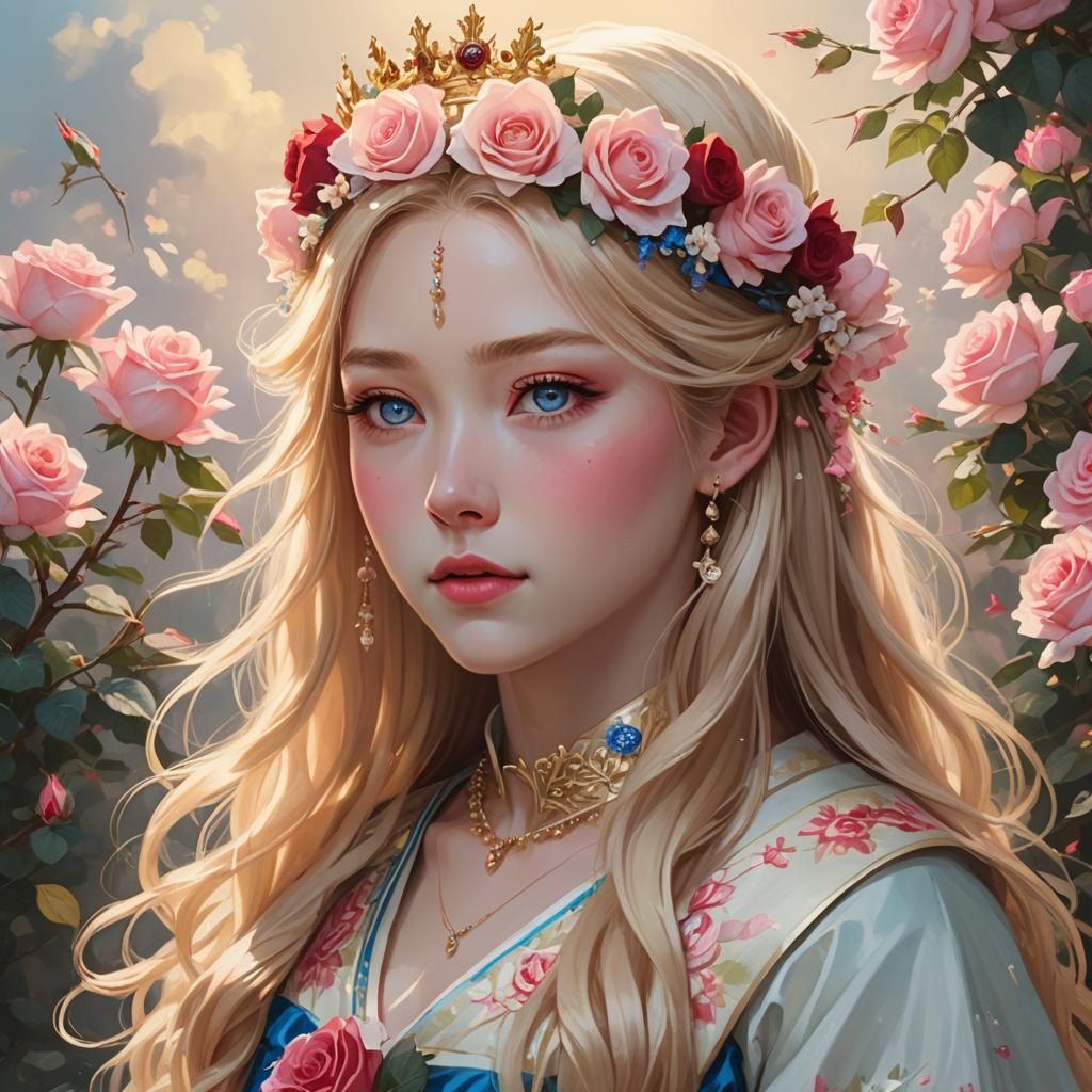 Japanese Girl with Roses: Digital Matte Painting