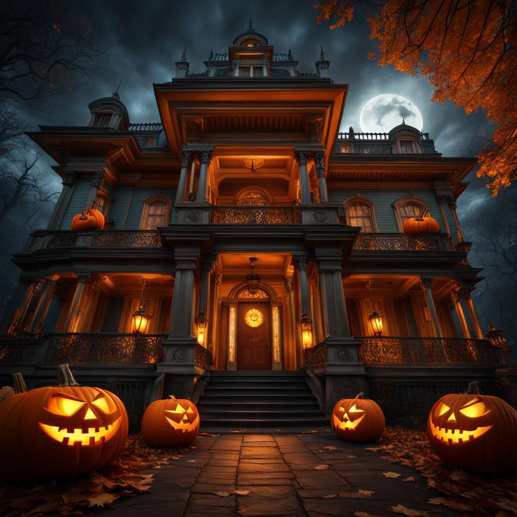 Haunted Mansion with Pumpkin Witch Face