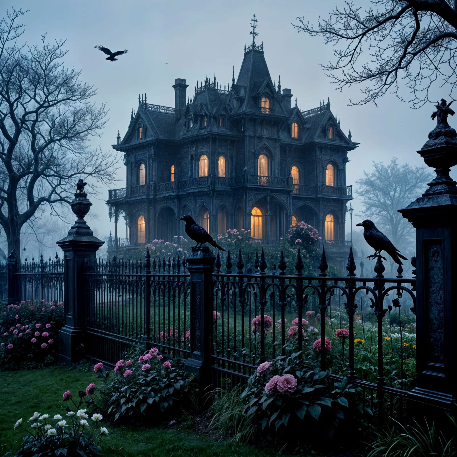 Ominous Victorian Flower Garden in Twilight Fog